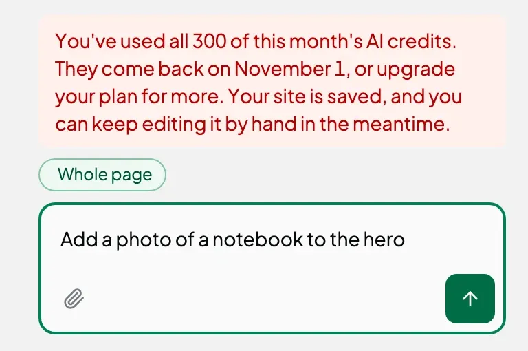 The AI panel in the editor showing a message that all 300 monthly AI credits are used, that they come back on November 1, and that upgrading gives more