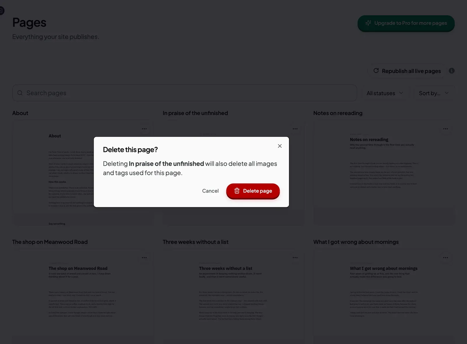 The Delete this page confirmation naming the page and its Delete page button