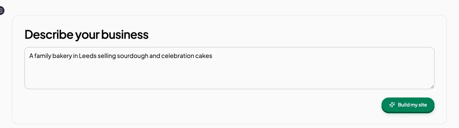 The Describe your business box filled with a bakery example