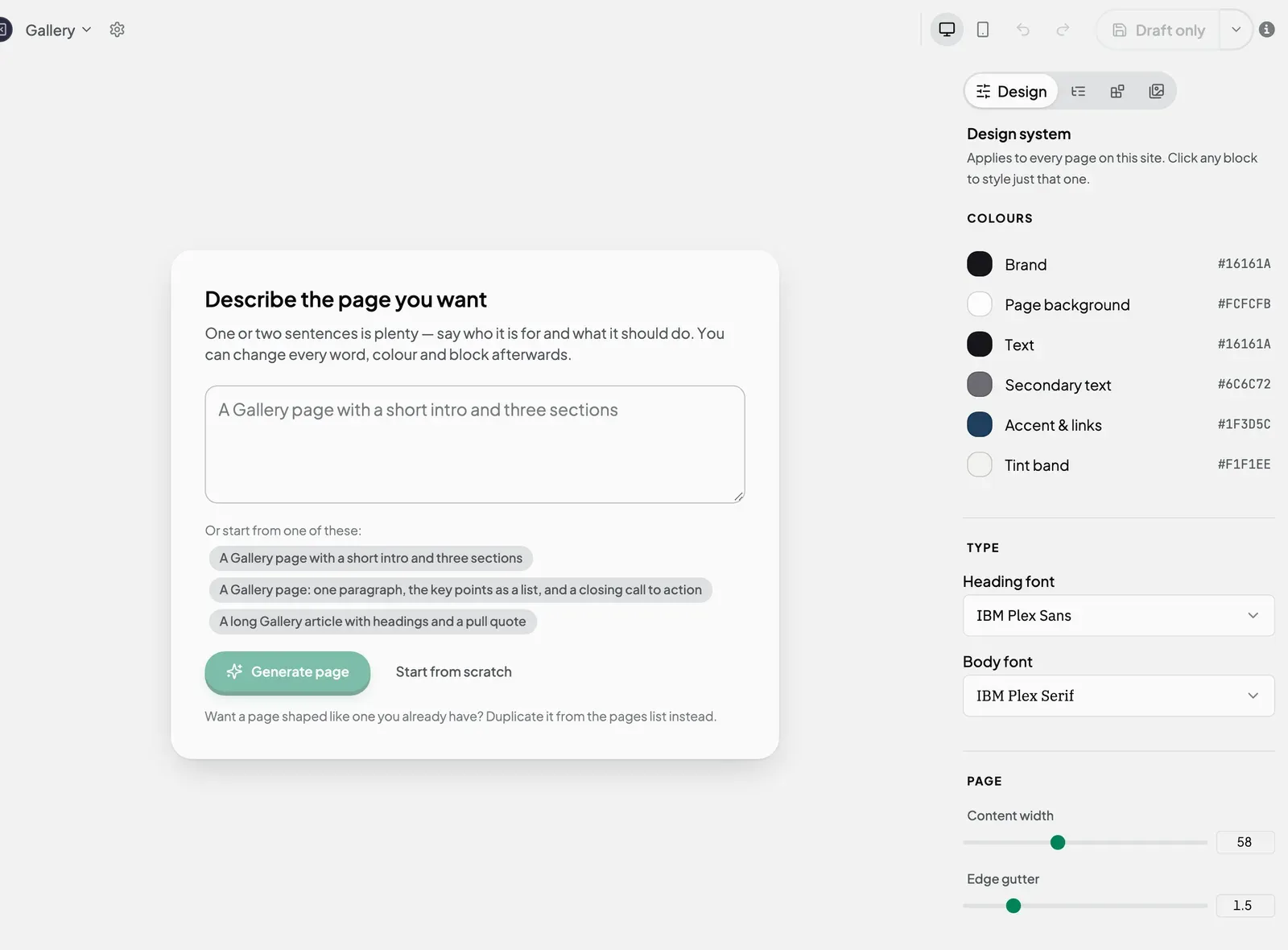 A blank page showing the Describe the page you want box with example lines, Generate page and Start from scratch