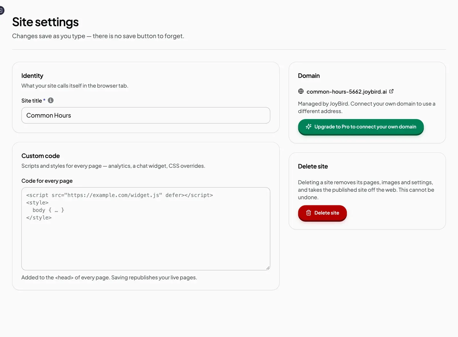 Site settings with the Domain panel showing the joybird.ai address and the Upgrade to Pro button