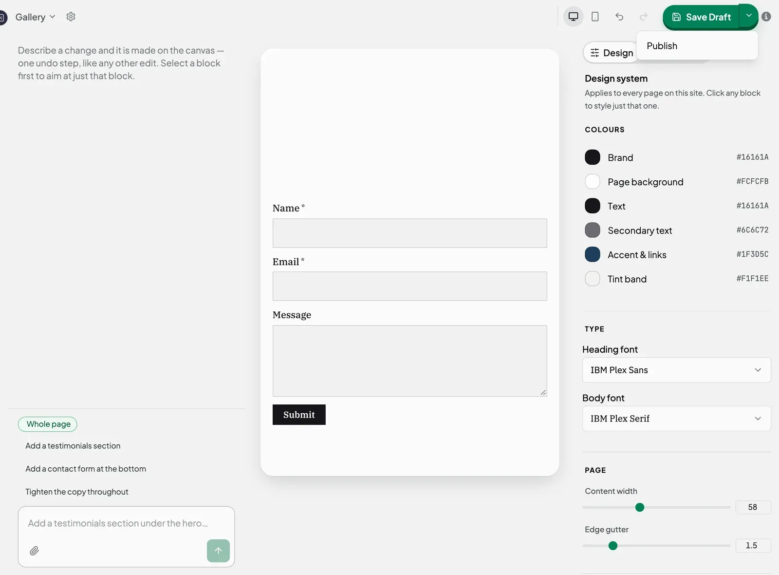 The publish menu on a draft page, offering Publish