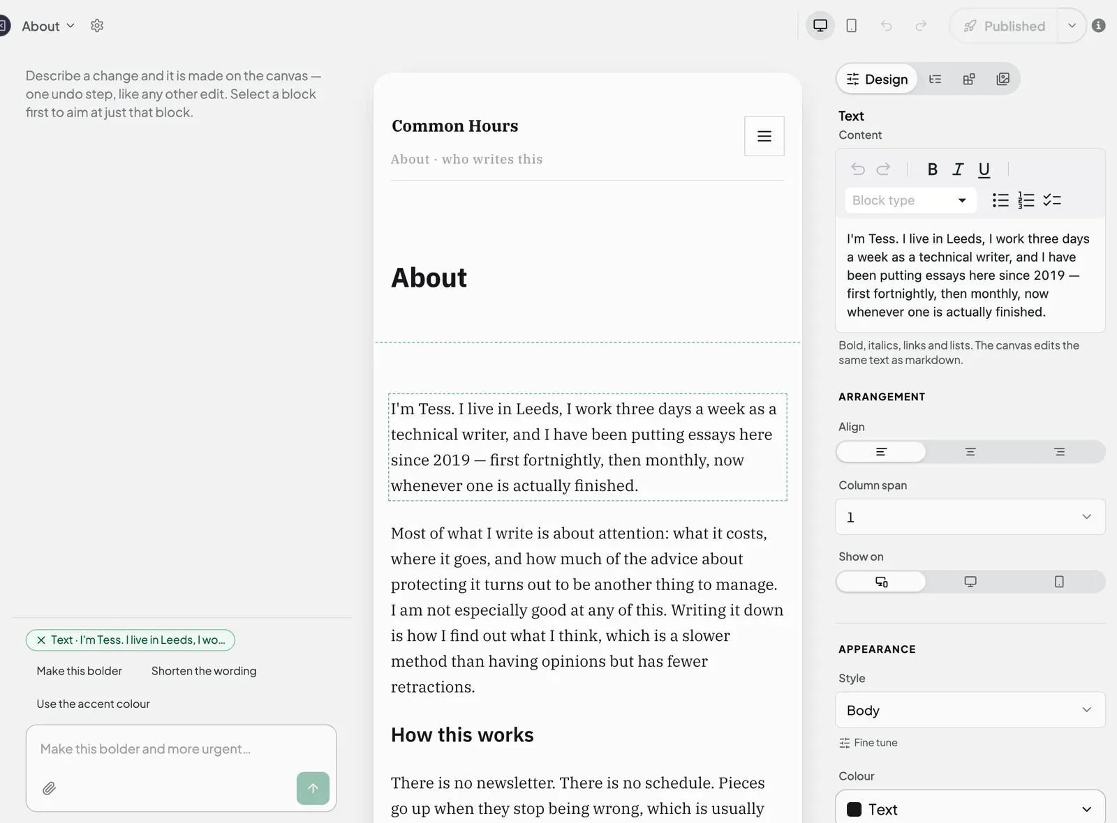 A text block being edited, with the text and formatting controls in the Design tab