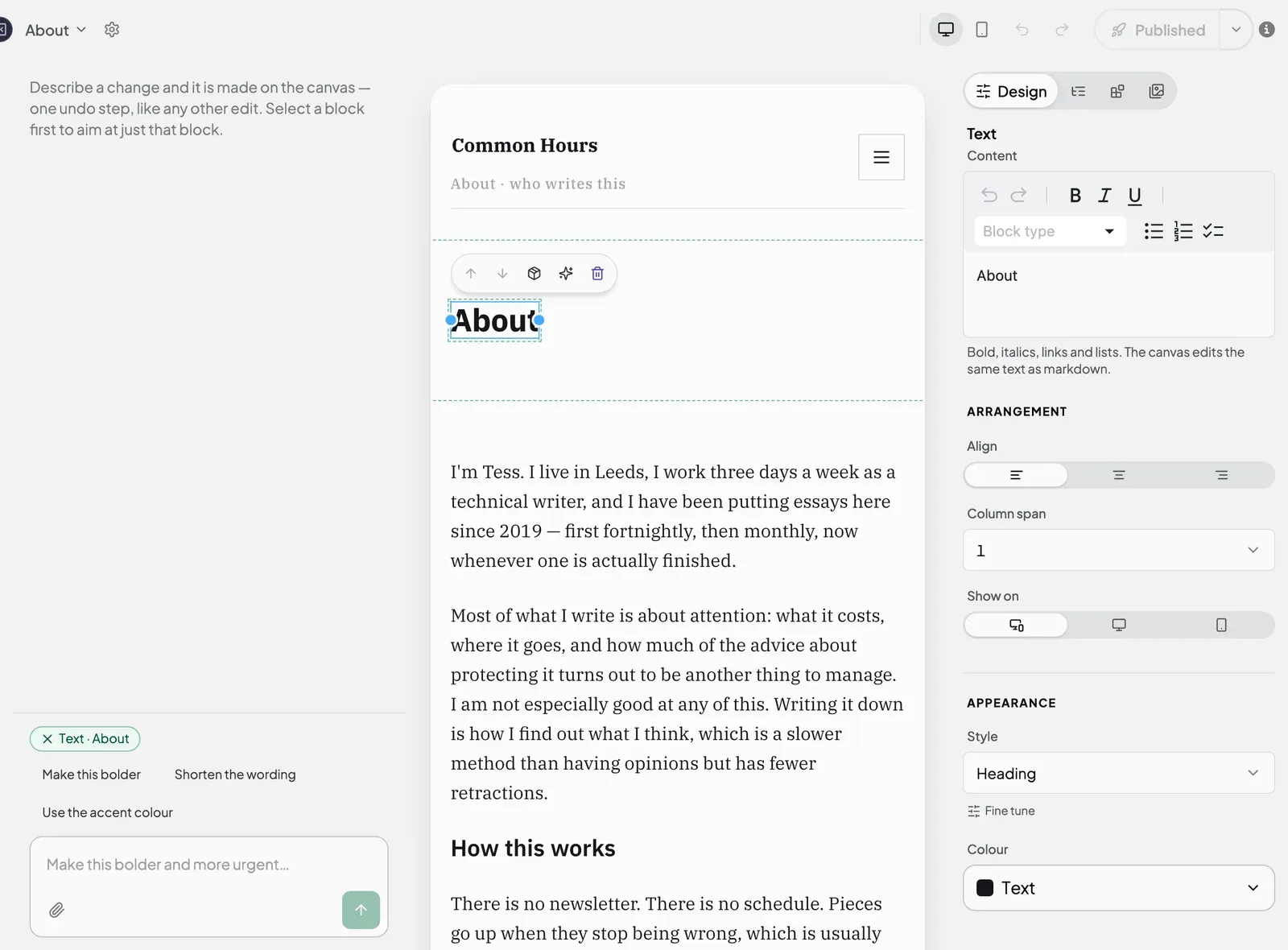 The editor with the AI panel on the left, the page on the canvas and the Design tab on the right