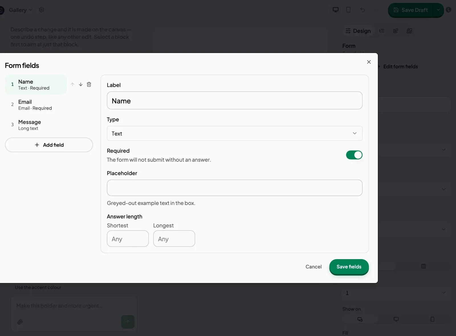 The Form fields dialog listing Name, Email and Message with the Name field open for editing