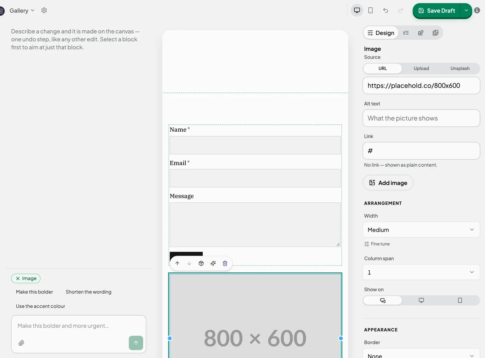 The Design tab for an image, showing the URL, Upload and Unsplash sources, Alt text and Link