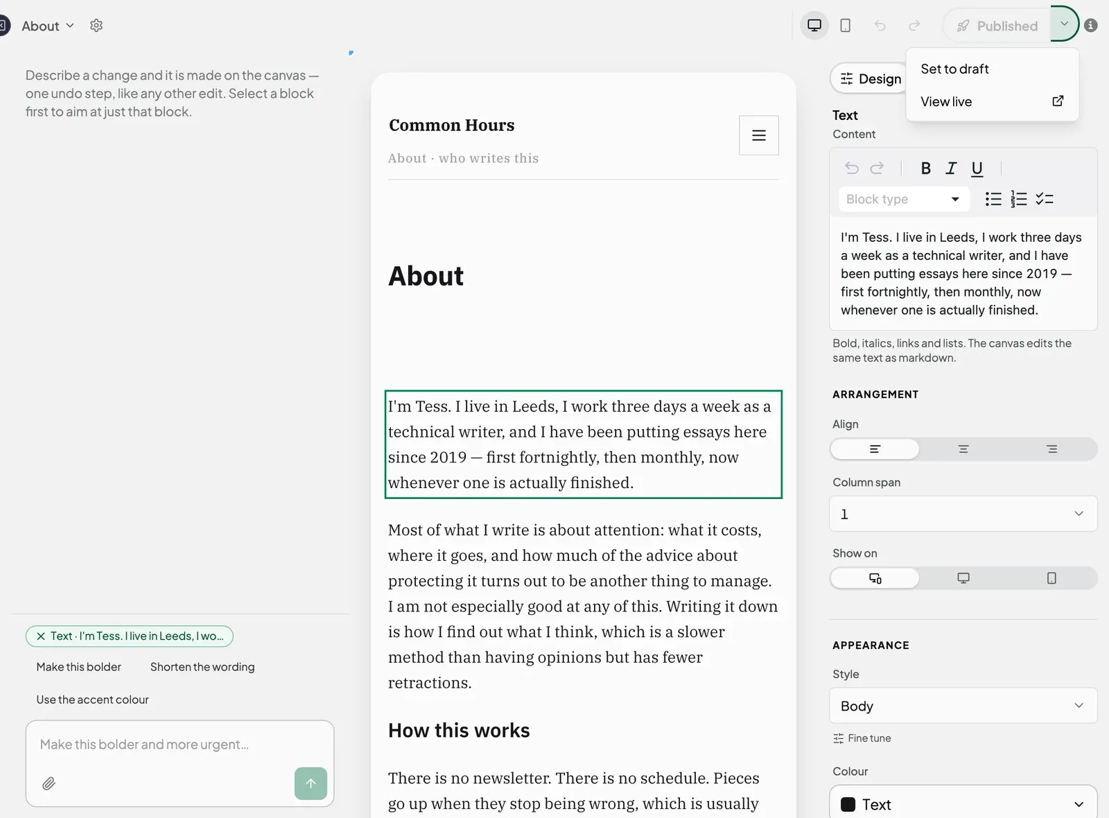 The publish menu on a live page, offering Set to draft and View live