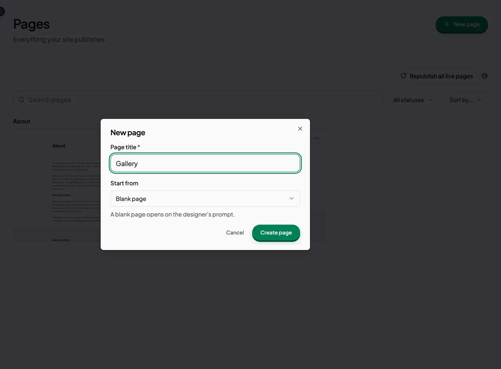 The New page dialog with a page title and the Start from menu set to Blank page