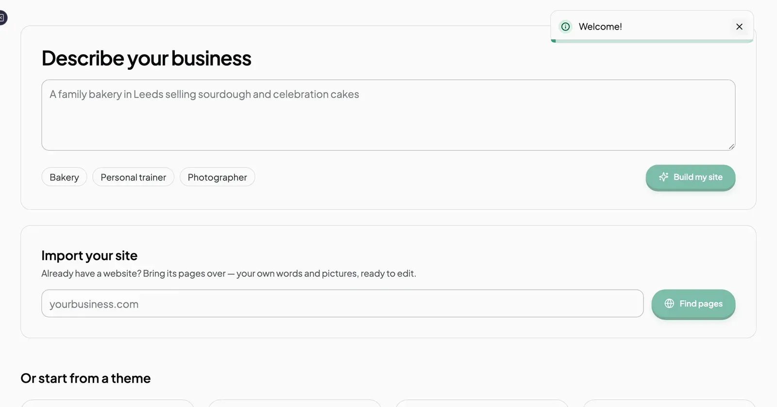 The New site screen with three tabs: Describe your site, Import from an existing site and Start from a theme