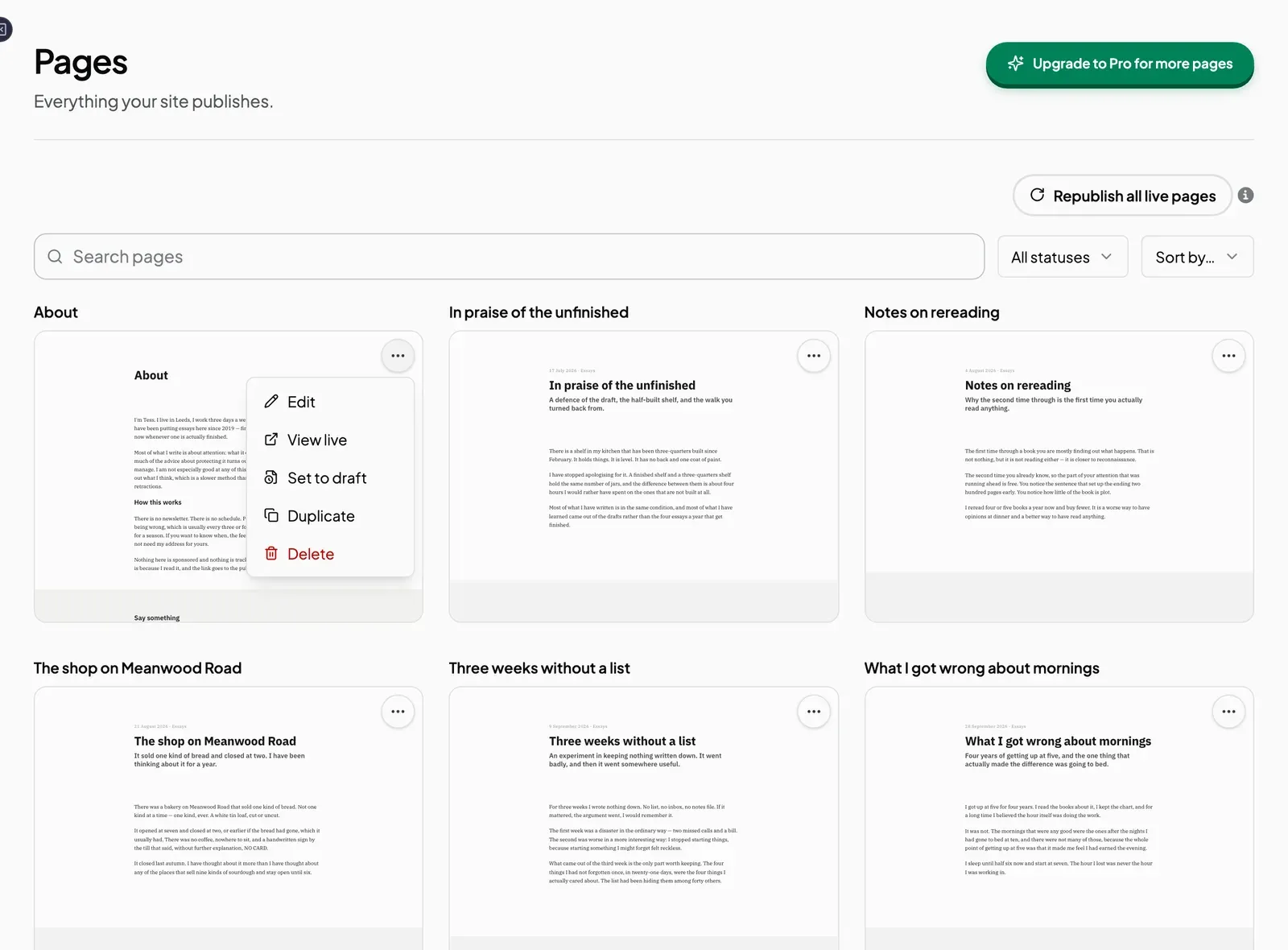 The menu on a page card with Edit, View live, Set to draft, Duplicate and Delete