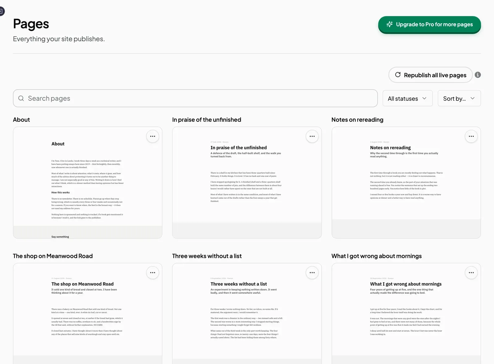 The Pages list with the Upgrade to Pro for more pages button where New page would be