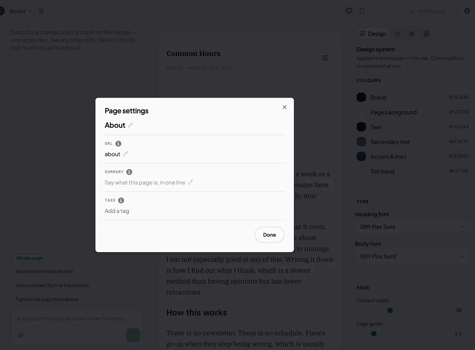 The Page settings dialog with the page title, URL, summary and tags