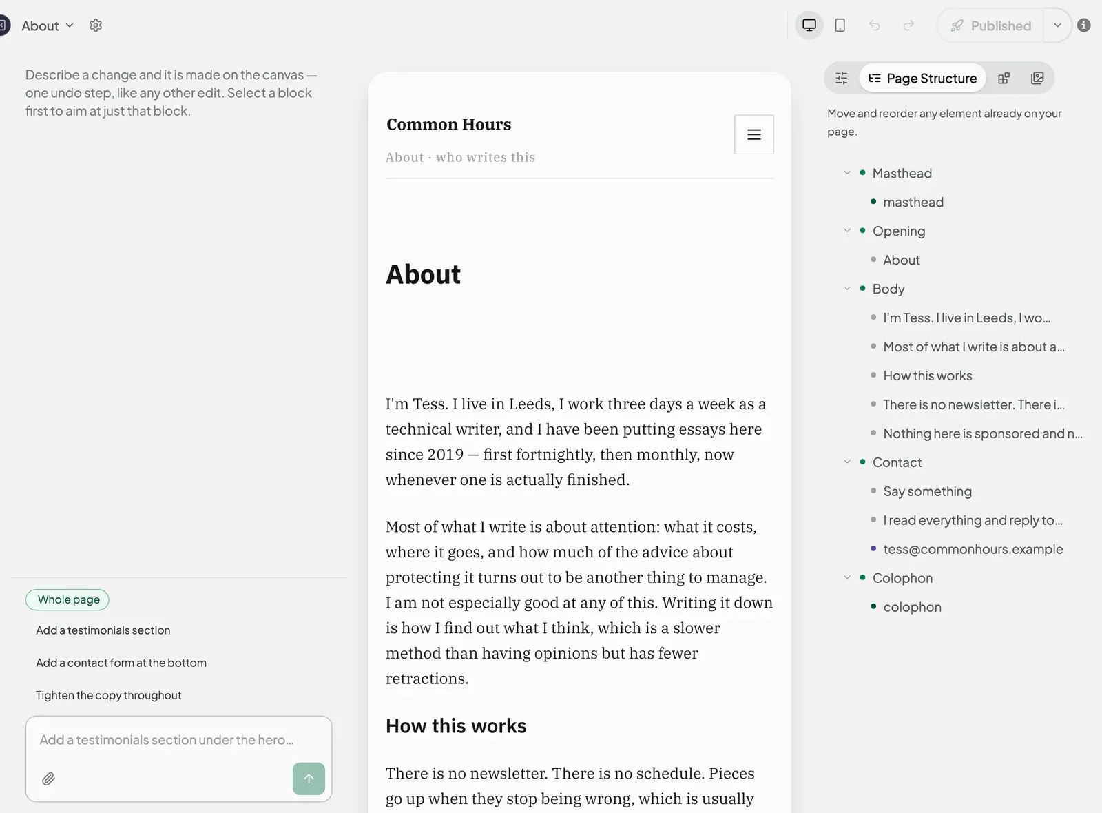 The Page Structure tab showing the blocks of a page as a tree