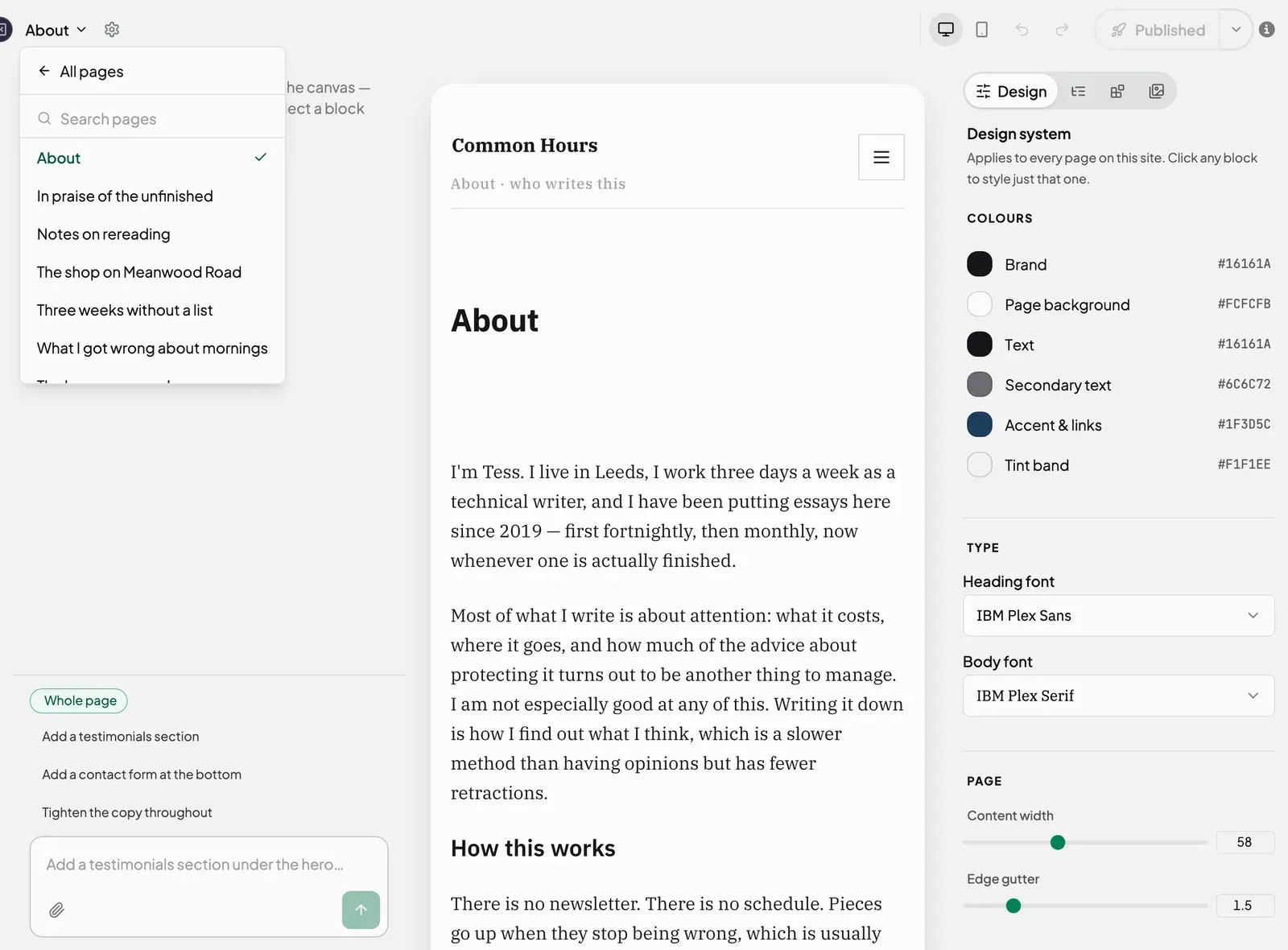 The page switcher open, listing the pages of the site with a Search pages box