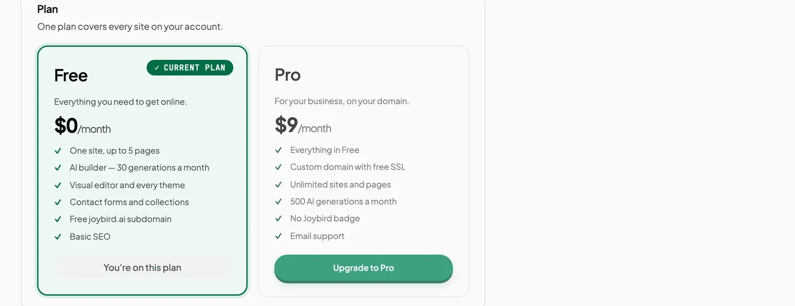 The Free and Pro plan cards in Account settings with Free marked as the current plan