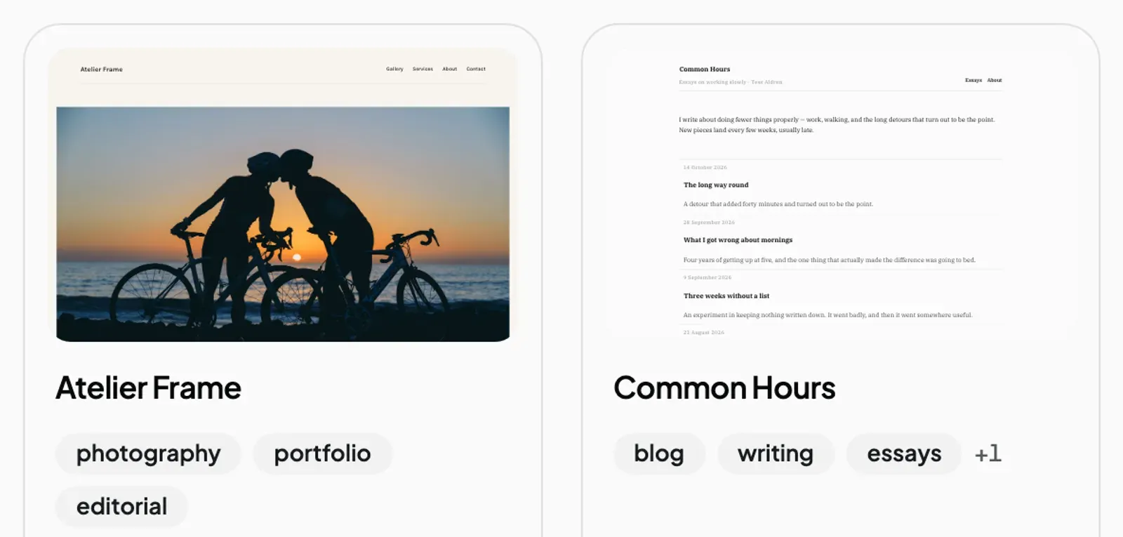 Two theme tiles, Atelier Frame and Common Hours, each with a preview and tags